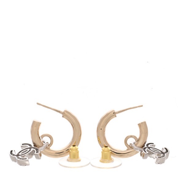 Chanel 22S Crystal Metal CC Logo Dangle Drop Statement Hoop Earrings Gold Silver - Picture 4 of 6